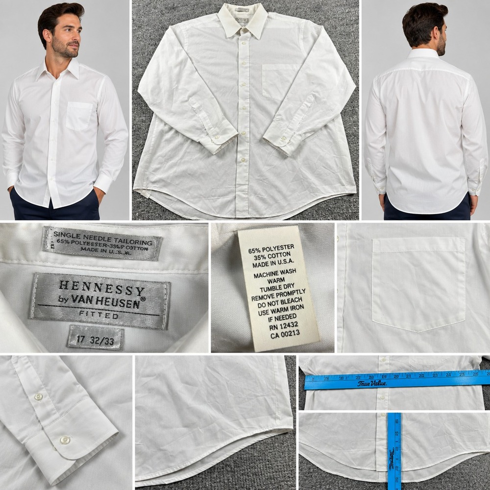 VTG Hennessy Van Heusen Dress Shirt Men's 17 32/33 White Long Sleeve Fitted USA